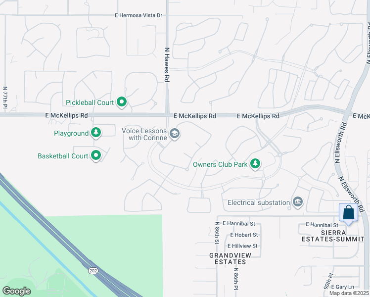 map of restaurants, bars, coffee shops, grocery stores, and more near 8462 East Jasmine Circle in Mesa