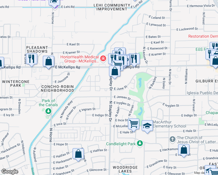 map of restaurants, bars, coffee shops, grocery stores, and more near 1836 North Stapley Drive in Mesa