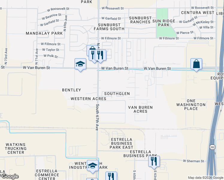 map of restaurants, bars, coffee shops, grocery stores, and more near 110 North 66th Avenue in Phoenix