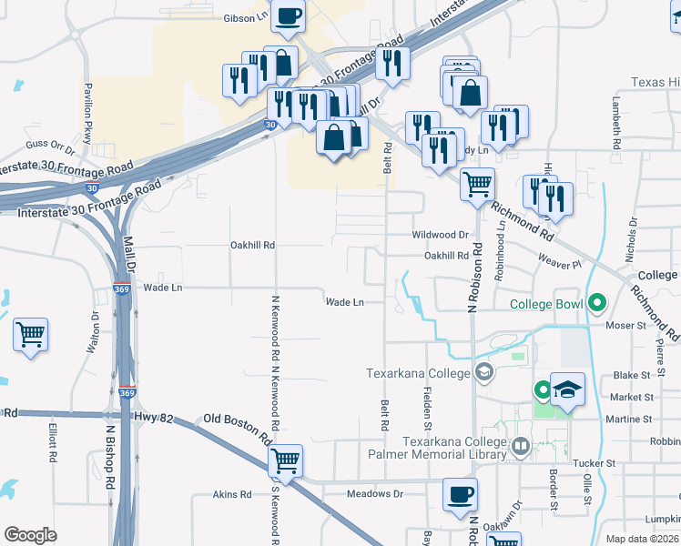 map of restaurants, bars, coffee shops, grocery stores, and more near 405 Cheyenne Place in Texarkana
