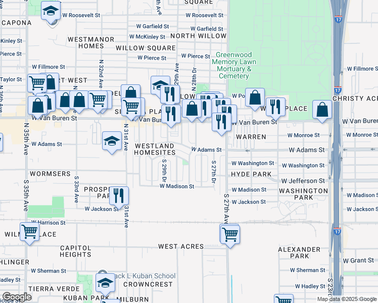map of restaurants, bars, coffee shops, grocery stores, and more near 7 North 28th Drive in Phoenix