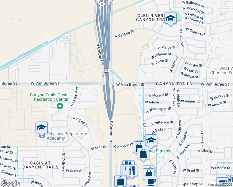 map of restaurants, bars, coffee shops, grocery stores, and more near 16965 West Van Buren Street in Goodyear