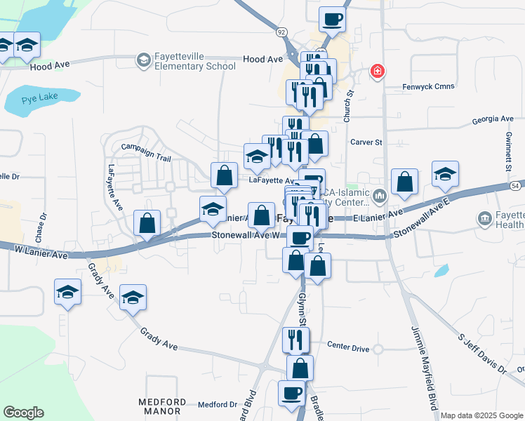 map of restaurants, bars, coffee shops, grocery stores, and more near 195 Floy Farr Parkway in Fayetteville