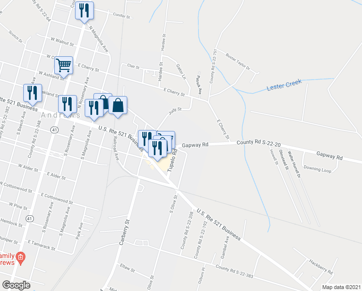 map of restaurants, bars, coffee shops, grocery stores, and more near County Road S-22-20 in Andrews