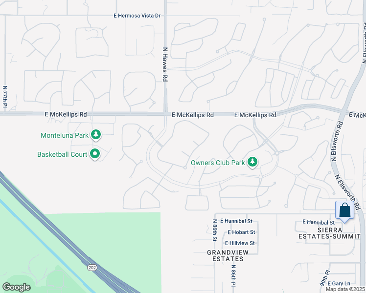map of restaurants, bars, coffee shops, grocery stores, and more near 8462 East Jasmine Circle in Mesa