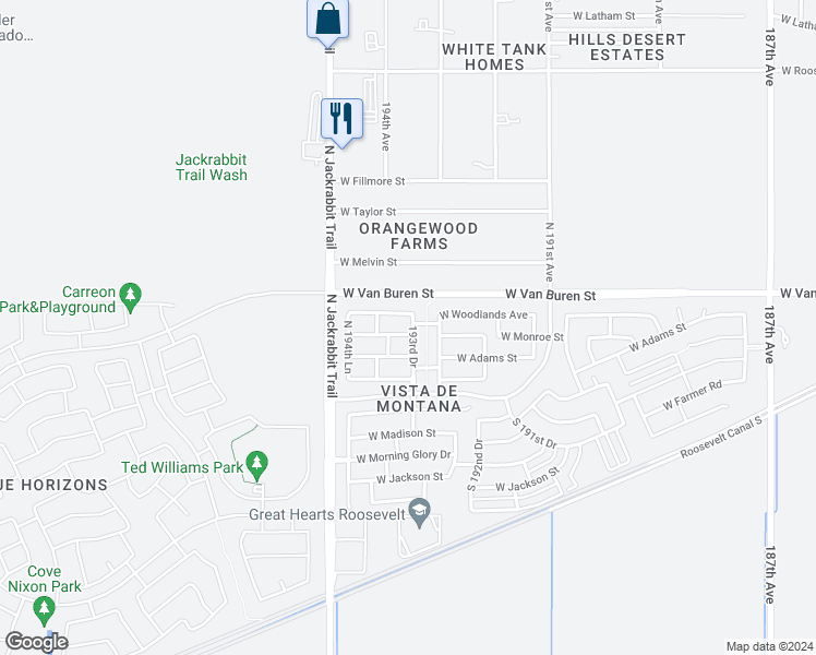 map of restaurants, bars, coffee shops, grocery stores, and more near 19364 West Monroe Street in Buckeye