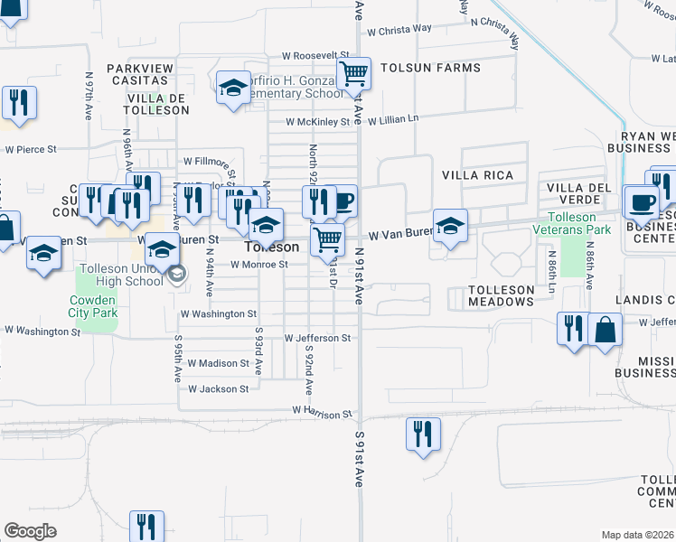 map of restaurants, bars, coffee shops, grocery stores, and more near 9102 West Adams Street in Tolleson