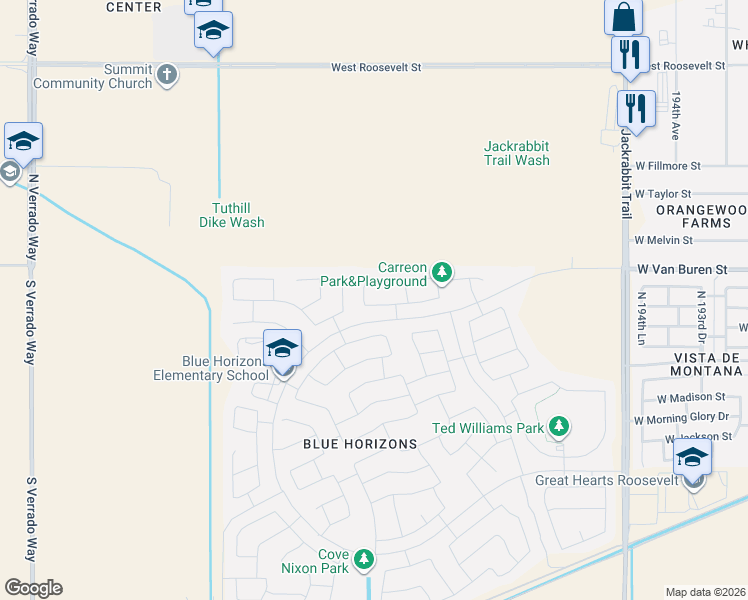 map of restaurants, bars, coffee shops, grocery stores, and more near 19995 West Monroe Street in Buckeye