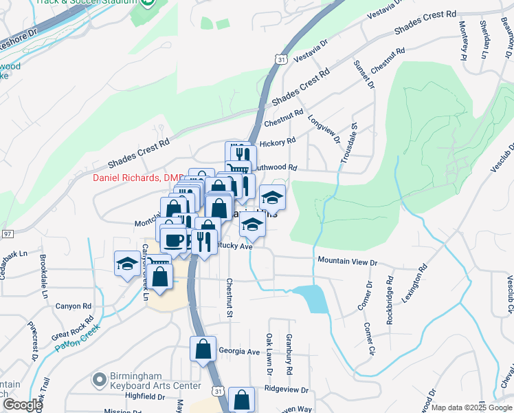 map of restaurants, bars, coffee shops, grocery stores, and more near 2109 Tyson Drive in Vestavia Hills
