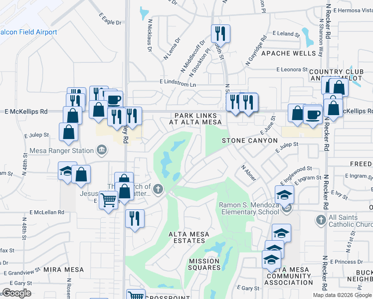 map of restaurants, bars, coffee shops, grocery stores, and more near 5450 East McLellan Road in Mesa