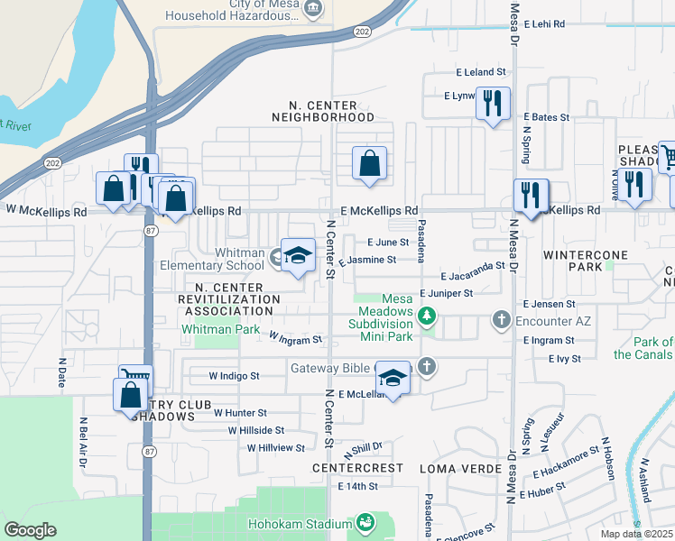 map of restaurants, bars, coffee shops, grocery stores, and more near 1815 North Center Street in Mesa