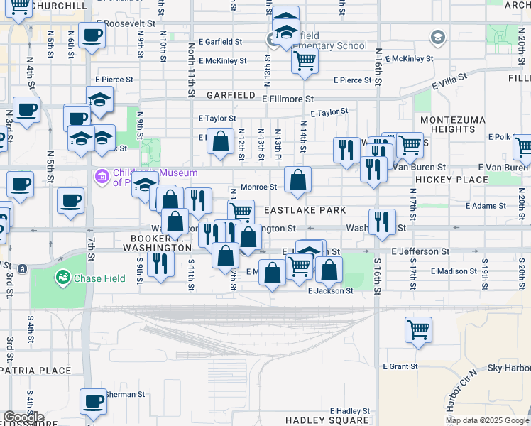 map of restaurants, bars, coffee shops, grocery stores, and more near 1242 East Washington Street in Phoenix