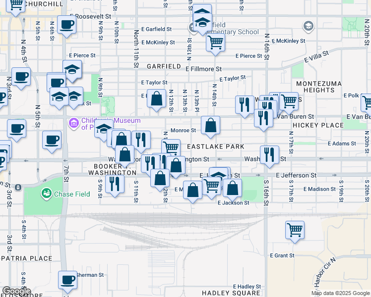 map of restaurants, bars, coffee shops, grocery stores, and more near 1242 East Washington Street in Phoenix