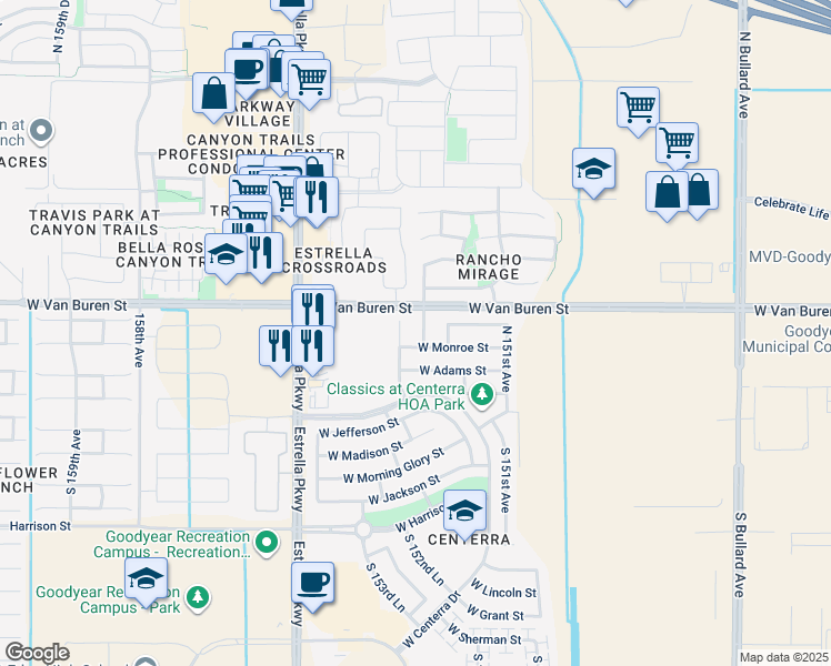 map of restaurants, bars, coffee shops, grocery stores, and more near 15257 West Monroe Street in Goodyear