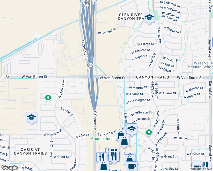 map of restaurants, bars, coffee shops, grocery stores, and more near 16928 West Adams Street in Goodyear