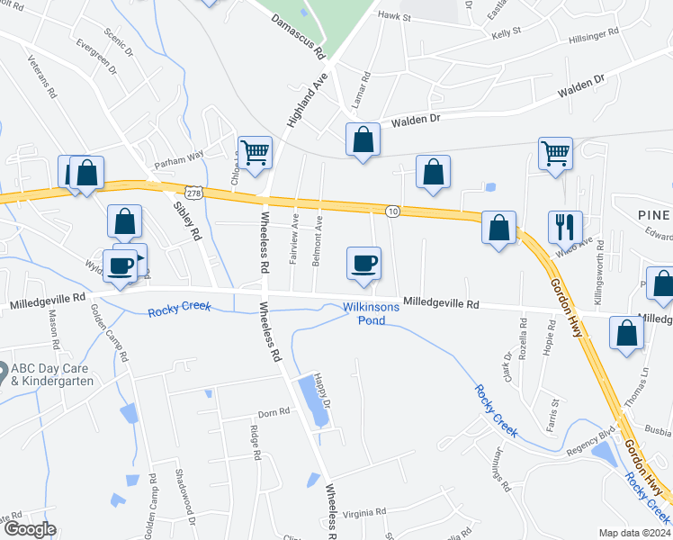 map of restaurants, bars, coffee shops, grocery stores, and more near 3035 Milledgeville Road in Augusta