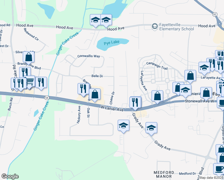 map of restaurants, bars, coffee shops, grocery stores, and more near 155 Chase Drive in Fayetteville