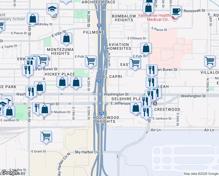 map of restaurants, bars, coffee shops, grocery stores, and more near 2109 East Washington Street in Phoenix