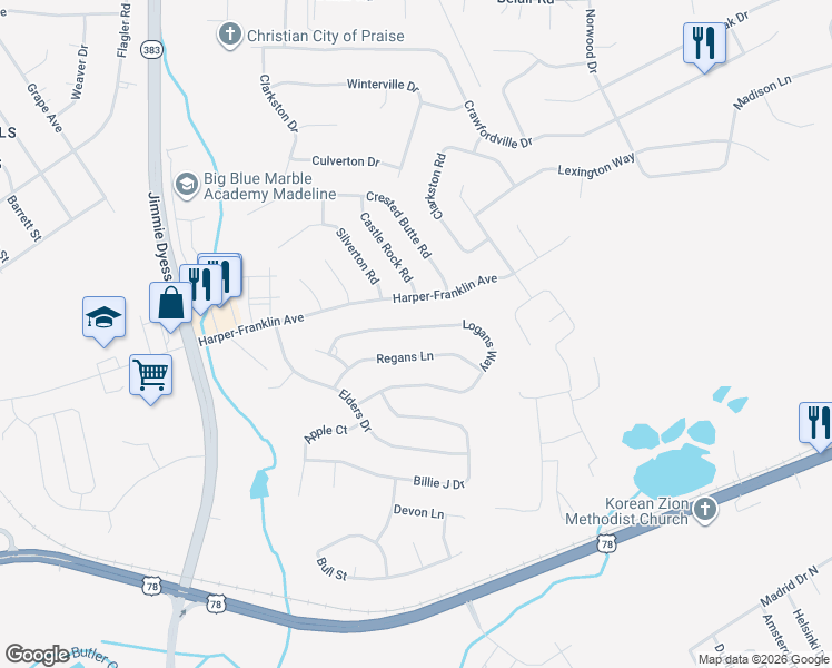 map of restaurants, bars, coffee shops, grocery stores, and more near 4524 Logans Way in Augusta