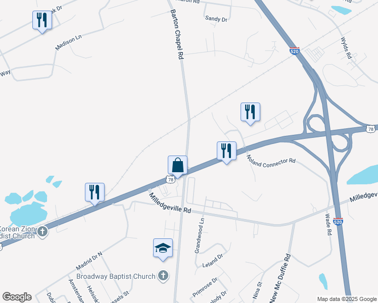 map of restaurants, bars, coffee shops, grocery stores, and more near 1923 Barton Chapel Road in Augusta