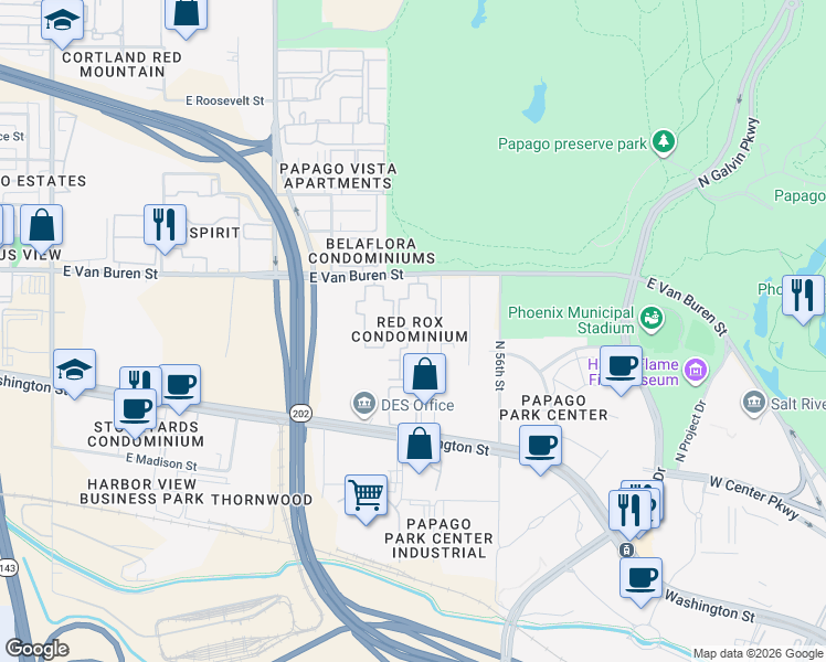 map of restaurants, bars, coffee shops, grocery stores, and more near Unnamed Road in Phoenix