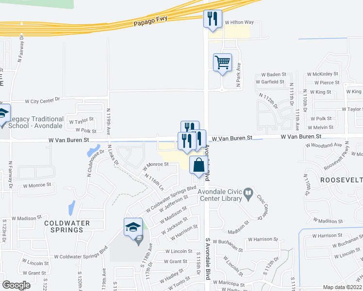 map of restaurants, bars, coffee shops, grocery stores, and more near 11575 West Van Buren Street in Avondale