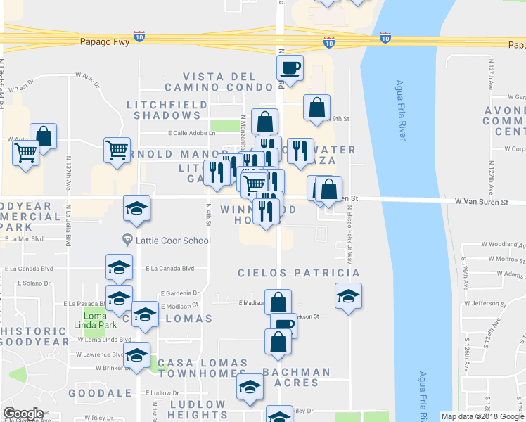 map of restaurants, bars, coffee shops, grocery stores, and more near 1450 North Dysart Road in Avondale
