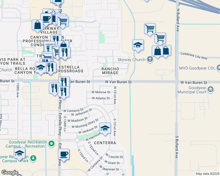 map of restaurants, bars, coffee shops, grocery stores, and more near 15105 West Monroe Street in Goodyear