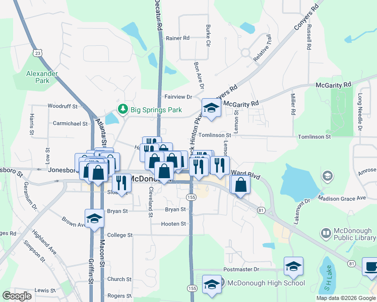 map of restaurants, bars, coffee shops, grocery stores, and more near 56 North Zack Hinton Parkway in McDonough