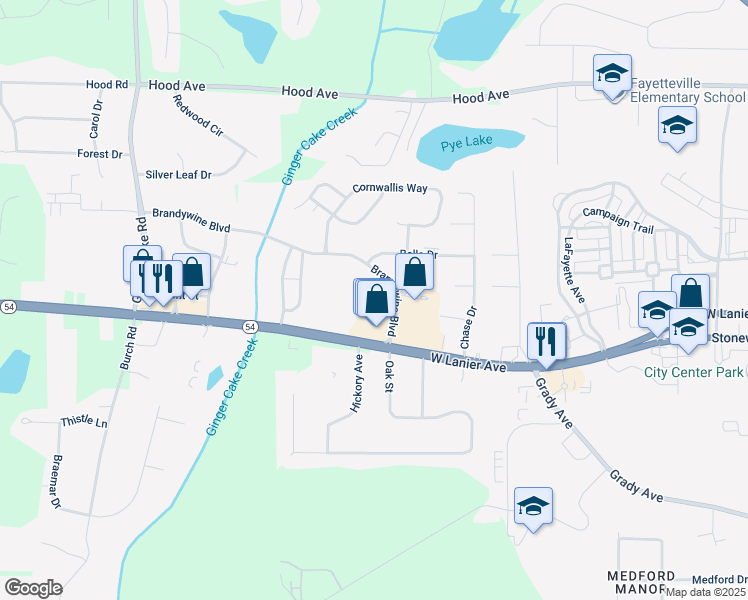 map of restaurants, bars, coffee shops, grocery stores, and more near Brandywine Boulevard in Fayetteville