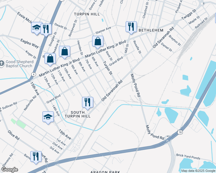 map of restaurants, bars, coffee shops, grocery stores, and more near 1921 Old Savannah Road in Augusta