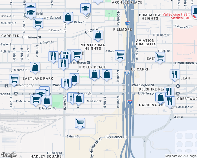 map of restaurants, bars, coffee shops, grocery stores, and more near 1832 East Washington Street in Phoenix