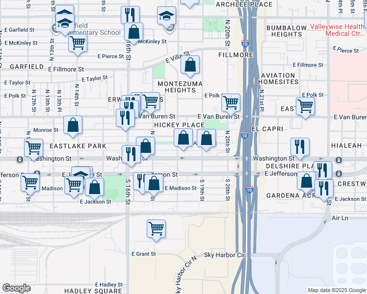 map of restaurants, bars, coffee shops, grocery stores, and more near 1832 East Washington Street in Phoenix