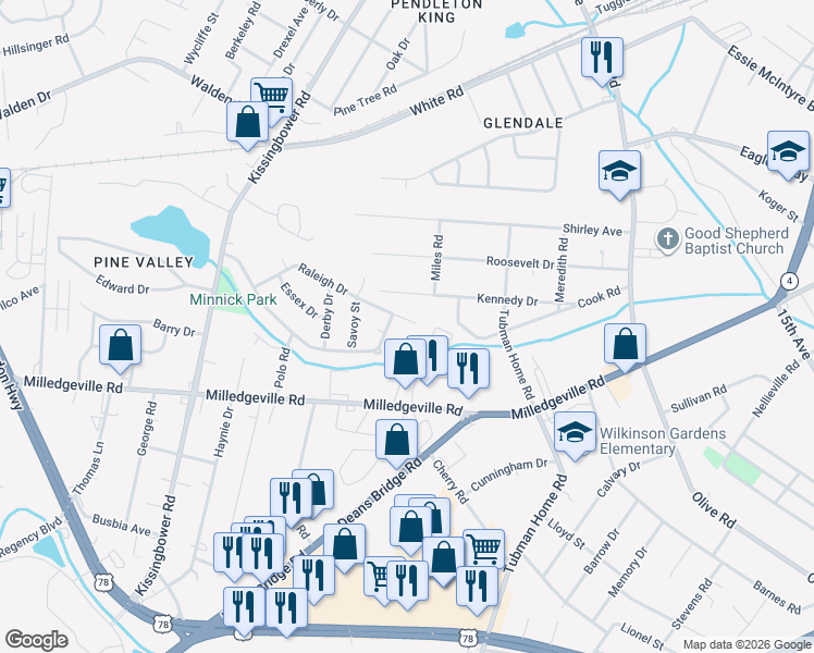 map of restaurants, bars, coffee shops, grocery stores, and more near 2222 Raleigh Drive in Augusta