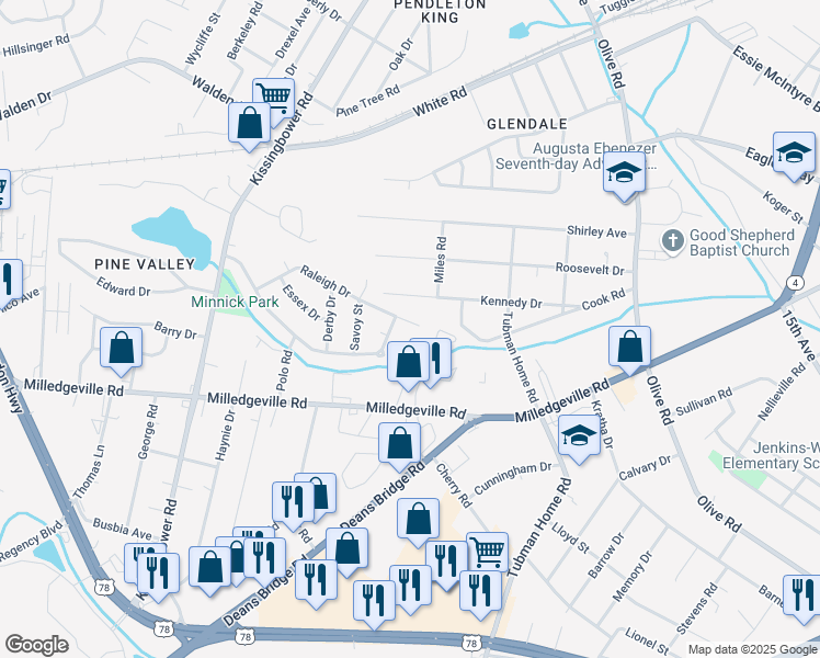 map of restaurants, bars, coffee shops, grocery stores, and more near 2222 Raleigh Drive in Augusta