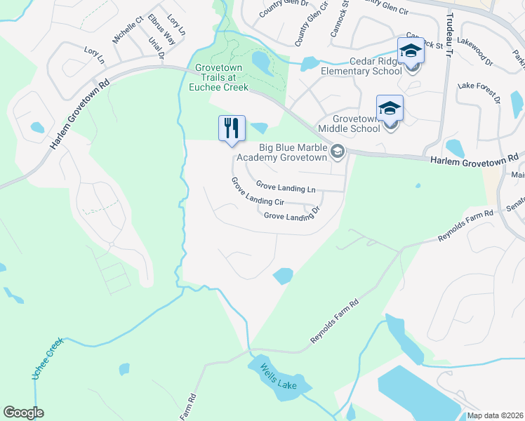 map of restaurants, bars, coffee shops, grocery stores, and more near 2155 Grove Landing Way in Grovetown