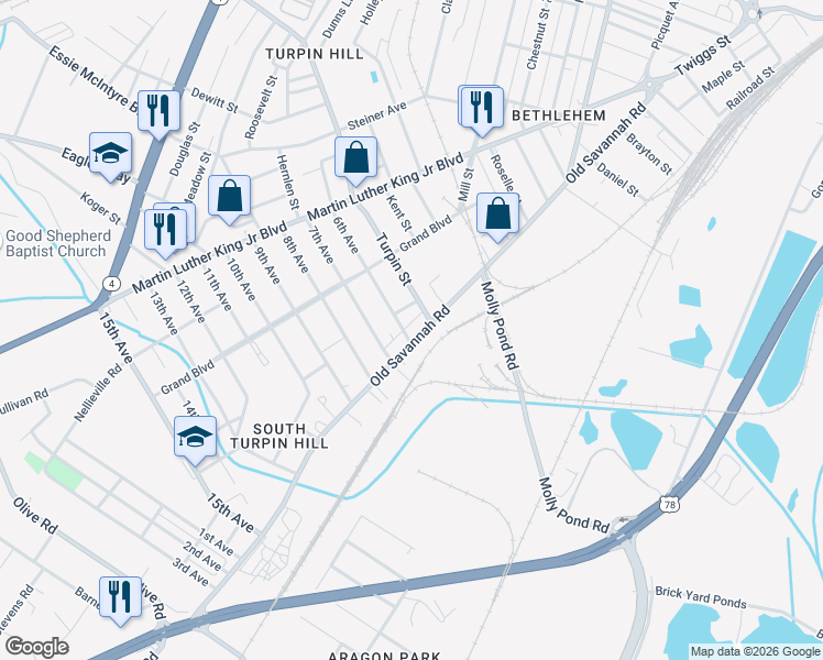 map of restaurants, bars, coffee shops, grocery stores, and more near 1909 Old Savannah Road in Augusta