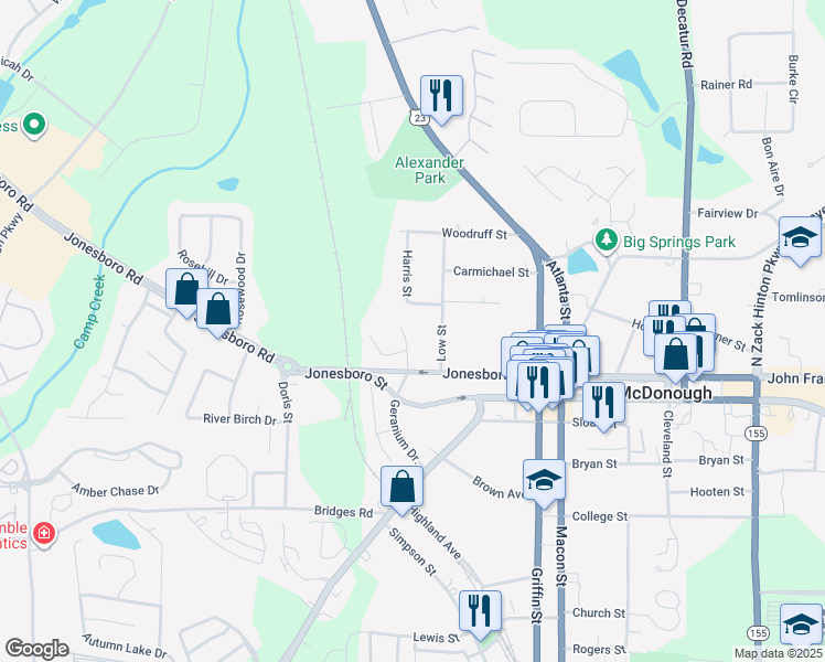 map of restaurants, bars, coffee shops, grocery stores, and more near 36 Low Street in McDonough