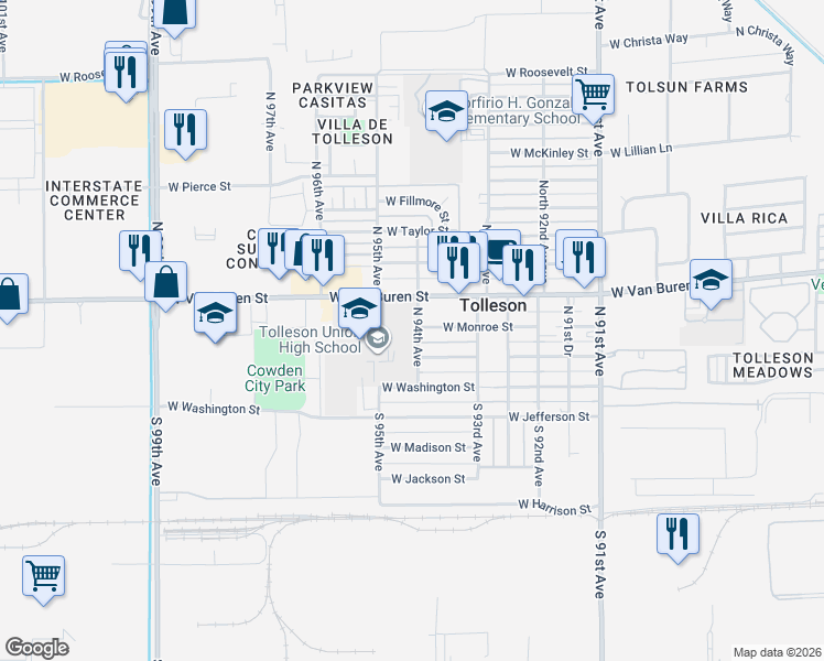 map of restaurants, bars, coffee shops, grocery stores, and more near 100 North 94th Avenue in Tolleson