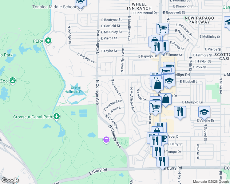 map of restaurants, bars, coffee shops, grocery stores, and more near 1648 North Ventura Lane in Tempe