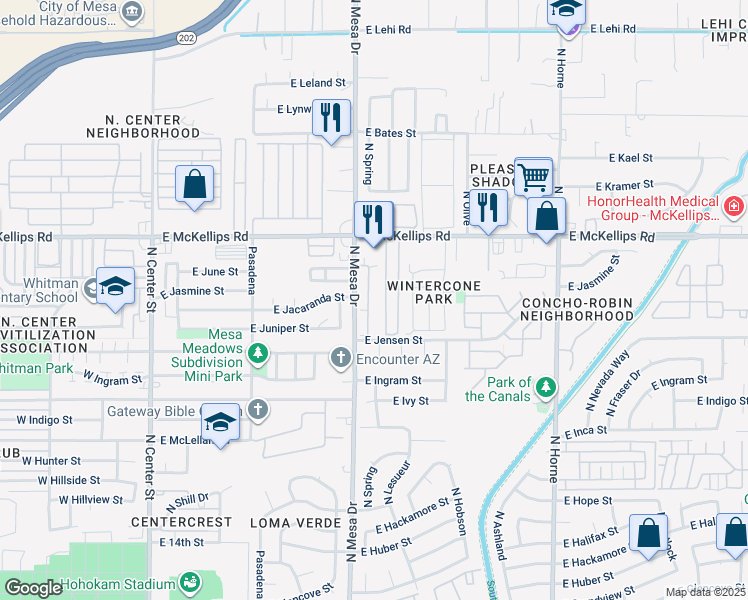 map of restaurants, bars, coffee shops, grocery stores, and more near 1826 North Spring in Mesa