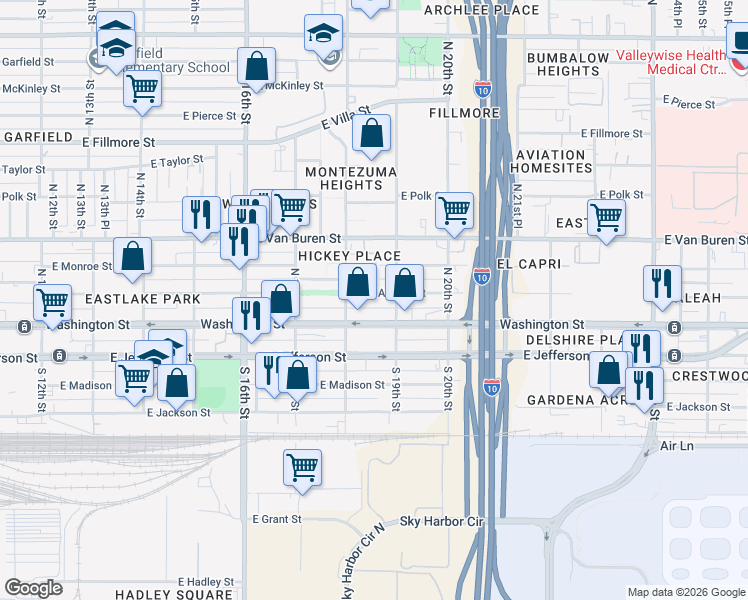 map of restaurants, bars, coffee shops, grocery stores, and more near 1832 East Washington Street in Phoenix