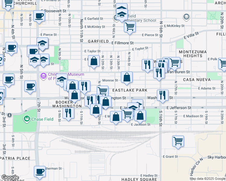 map of restaurants, bars, coffee shops, grocery stores, and more near 1242 East Washington Street in Phoenix