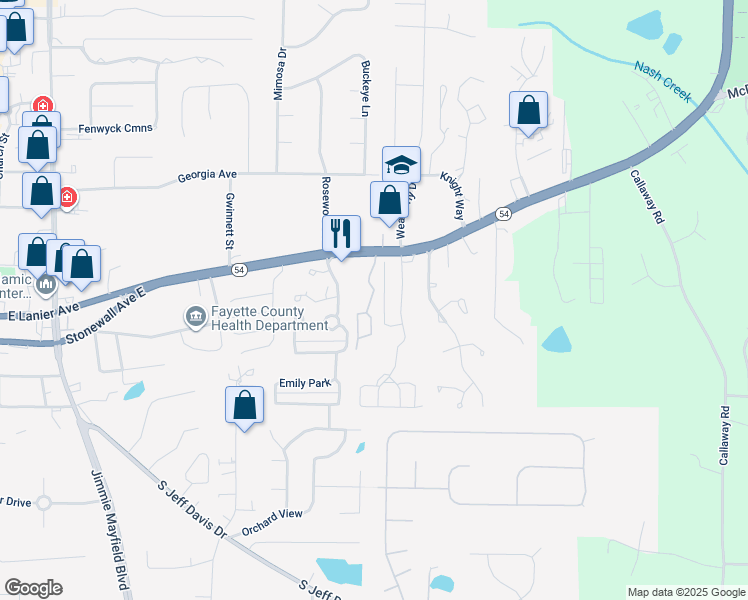 map of restaurants, bars, coffee shops, grocery stores, and more near 755 East Lanier Avenue in Fayetteville