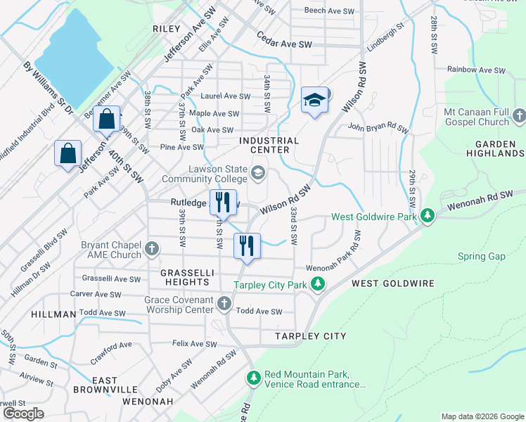map of restaurants, bars, coffee shops, grocery stores, and more near 3008 Fairbanks Avenue Southwest in Birmingham