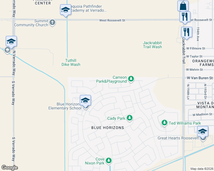 map of restaurants, bars, coffee shops, grocery stores, and more near 19996 West Mesquite Drive in Buckeye