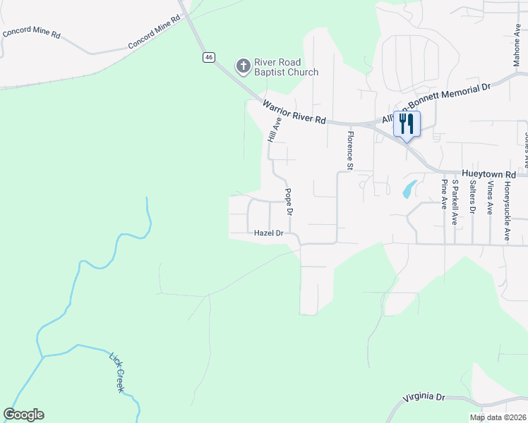 map of restaurants, bars, coffee shops, grocery stores, and more near 326 Susan Place in Hueytown