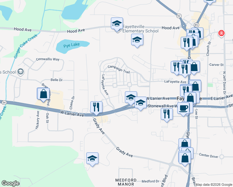 map of restaurants, bars, coffee shops, grocery stores, and more near 615 Lafayette Avenue in Fayetteville