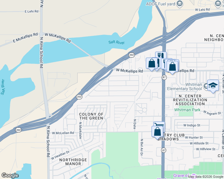 map of restaurants, bars, coffee shops, grocery stores, and more near 625 West McKellips Road in Mesa