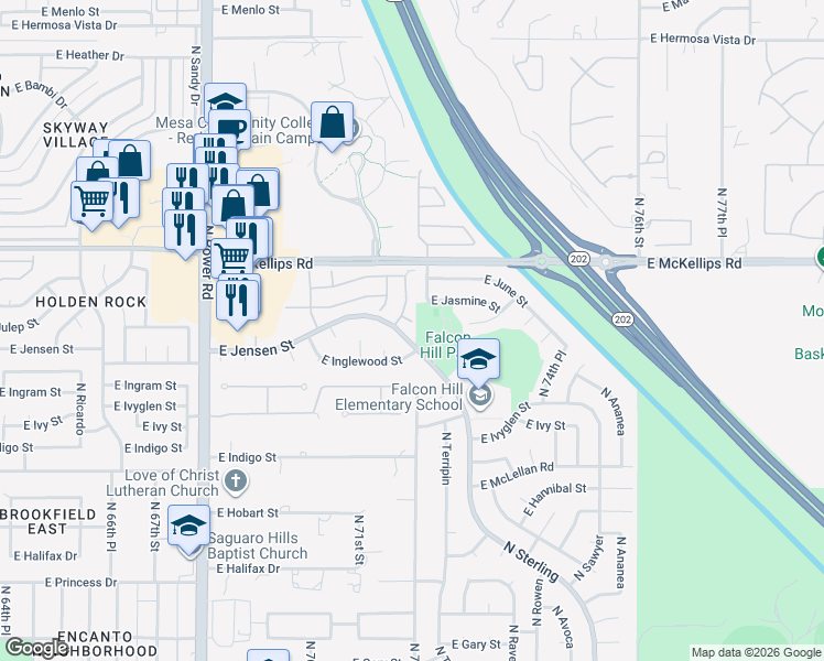 map of restaurants, bars, coffee shops, grocery stores, and more near 7148 East Inglewood Street in Mesa